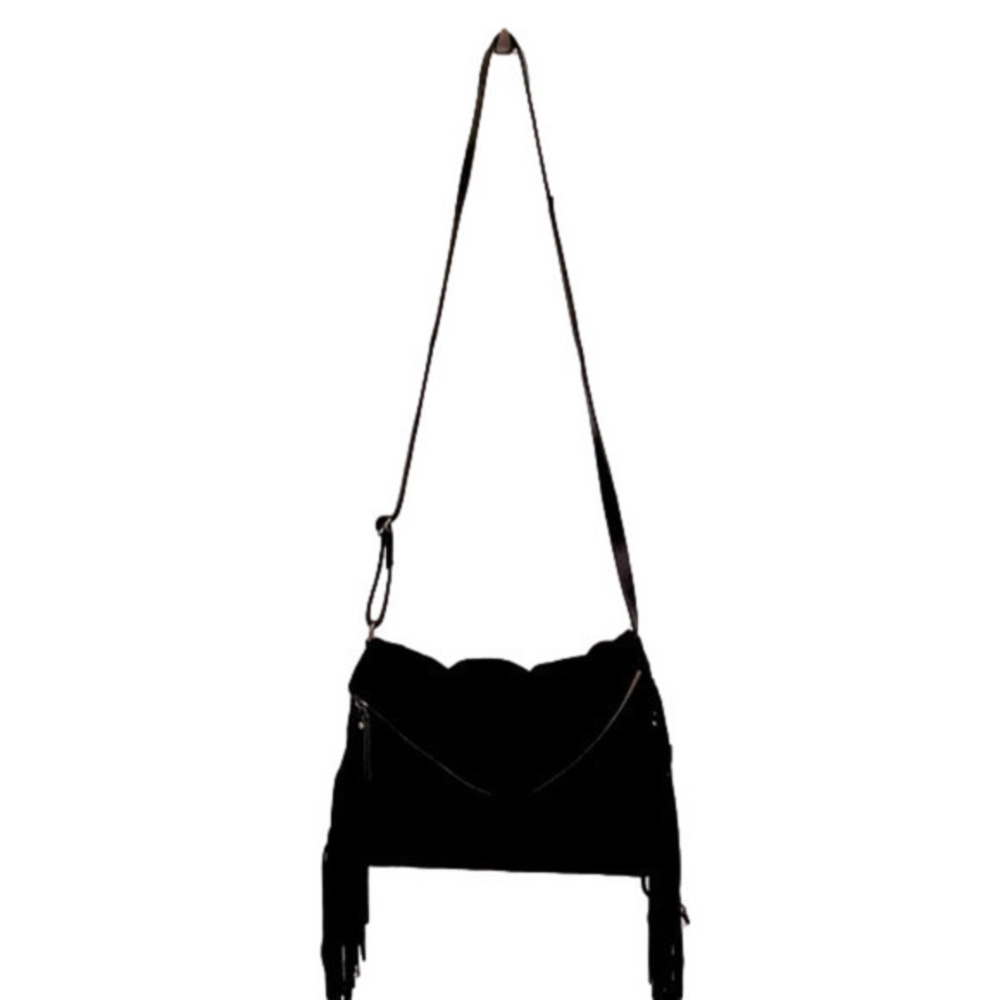 SORPRESA Black Suede Fringe Zippered Envelope Crossbody Shoulder Bag Boho Hippy - Picture 1 of 8
